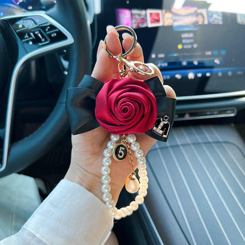 Tela rosa flor cadena de perlas llavero gota de agua accesorios bolsos personalizados adornos llavero de control remoto de coche coreano