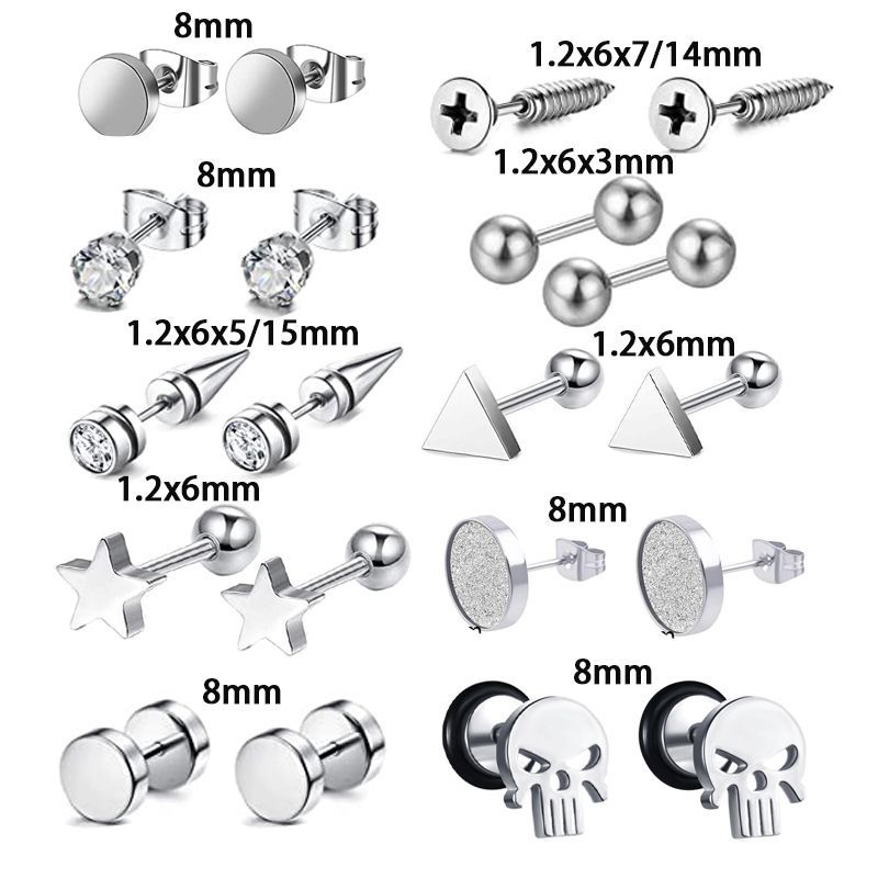 10 Pair Black Stud Round Barbell Earrings Set - Stainless Steel Men's Personality Piercing Studs detail image 13