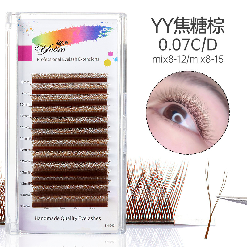 Fábrica de pestañas falsas personalizadas densas naturales en forma de Y injerto de pestañas falsas 0.07 mezcladas en un segundo florecer y colorido