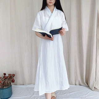 明吅月/苎麻宽松文艺禅意交领汉服中式禅茶服防晒中式连衣裙长裙