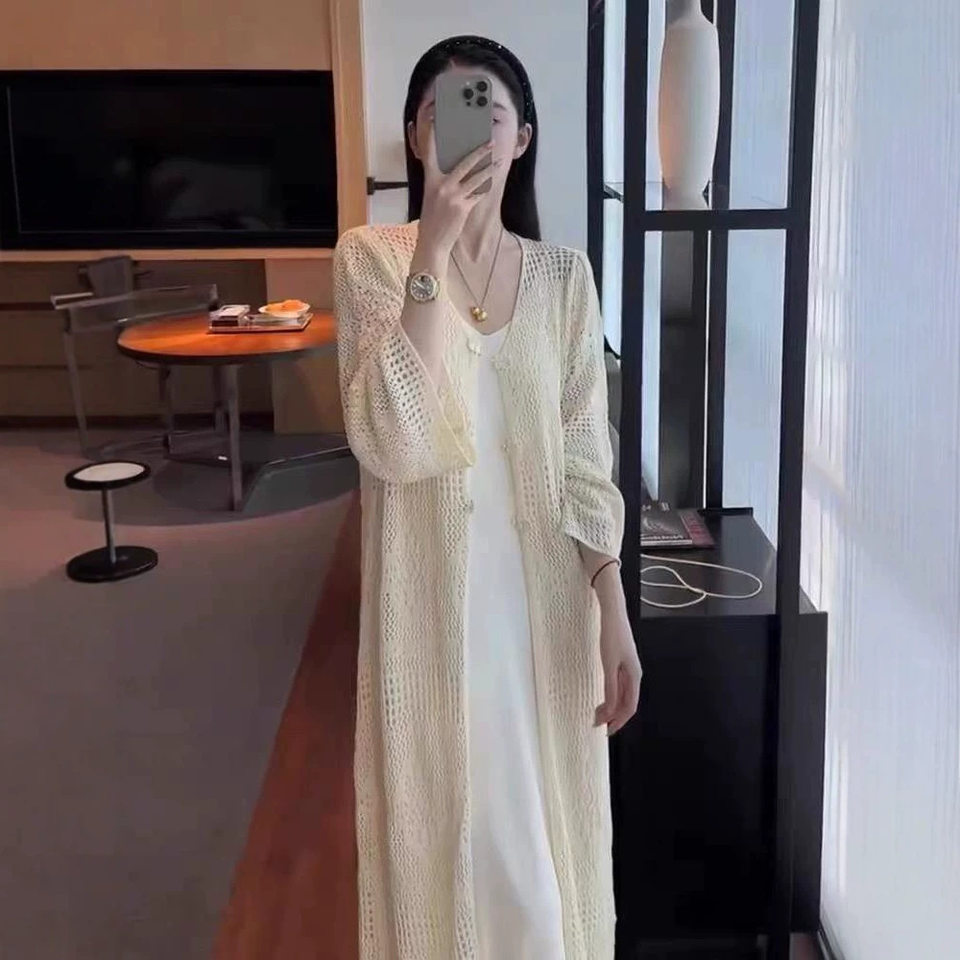 Áo cardigan dệt kim dáng dài nữ thiết kế khoét lỗ, cổ chữ V, tay dài, phong cách thanh lịch — Màu be 【Nâng cấp chất liệu vải cao cấp】