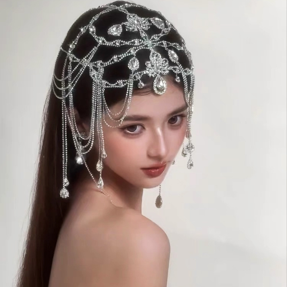 European and American Style Personalized Fashion Bridal Wedding Accessories Headdress Wedding Banquet High-End Super Flash Full Diamond Tassel Hair Accessories