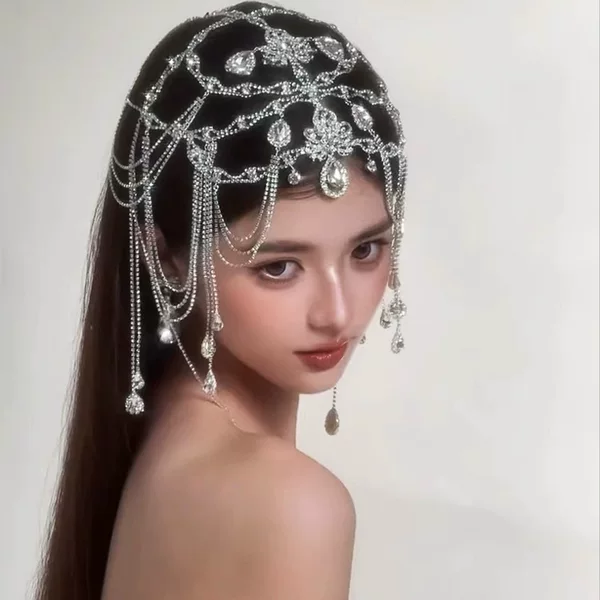 European and American Style Personalized Fashion Bridal Wedding Accessories Headdress Wedding Banquet High-End Super Flash Full Diamond Tassel Hair Accessories