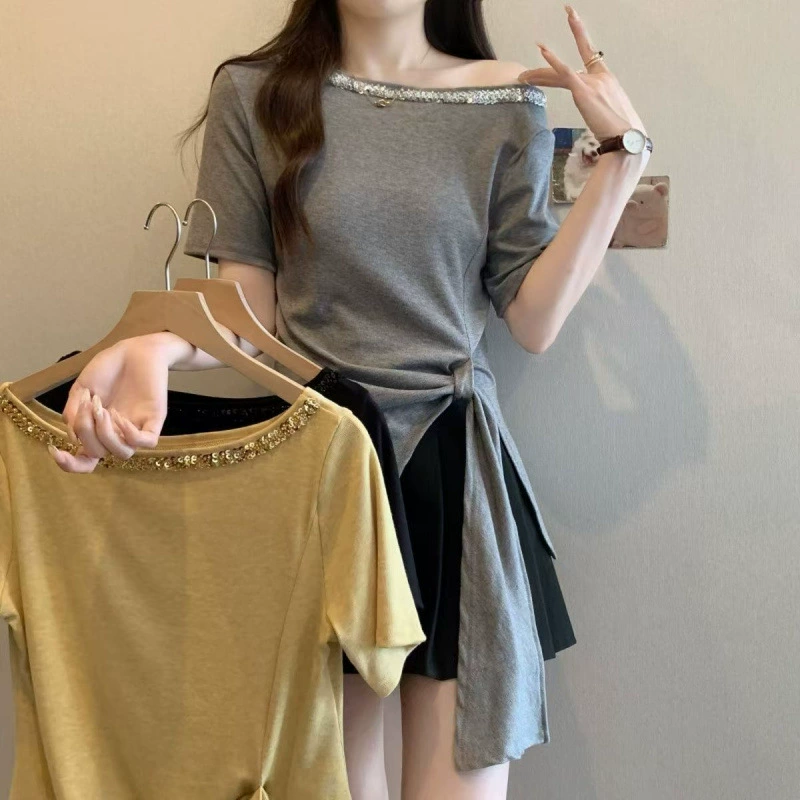 Женская асимметричная футболка с пайетками и разрезом, летняя, обтягивающая, короткий рукав, на бретелях, модная новинка 2025 года
