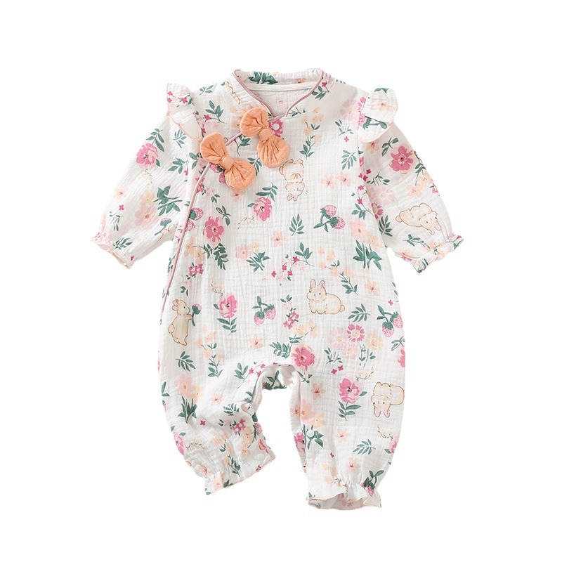 Primavera y otoño mono infantil gasa algodón mameluco estilo occidental bebé niña estilo chino lindo paseo mameluco