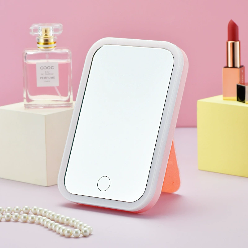 LED makeup mirror portable foldable desktop vanity, 3-color dimmable small square, white/pink/custom