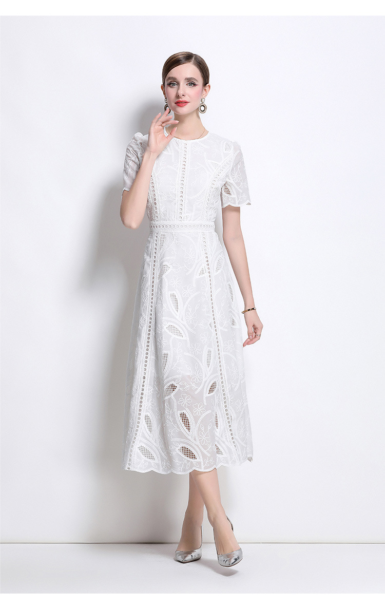 Đầm maxi nữ thắt eo cổ điển Pháp ren thêu họa tiết tay ngắn — màu đen, xanh nhạt, màu hồng, Xanh da trời nhạtcolor chi tiết 17