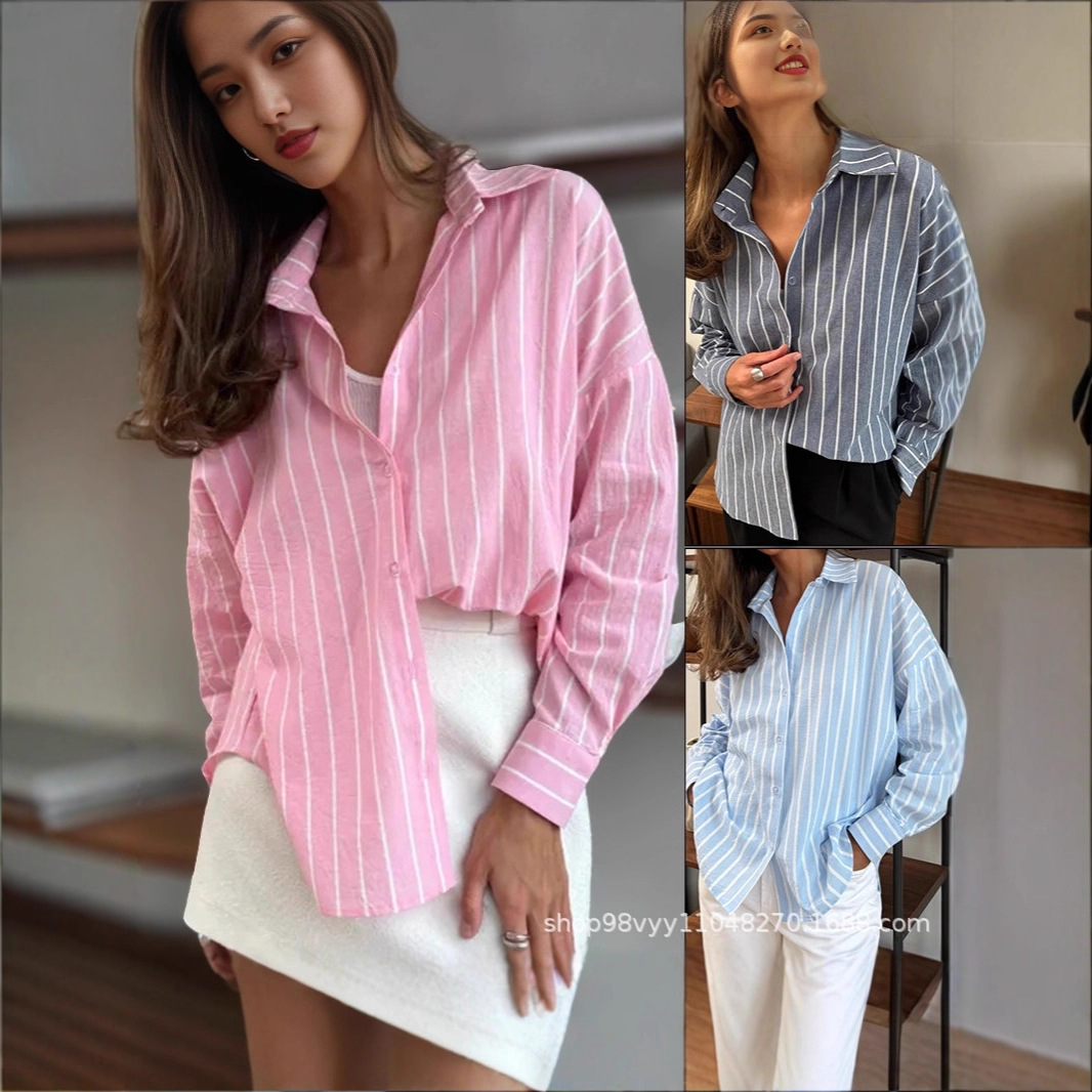 European and American Cross-Border Amazon Foreign Trade 2025 Autumn and Winter New Long-Sleeved Cardigan Jacket Women's Stripesd Shirt Women's Clothing Wholesale