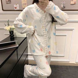 秋冬季新款睡衣女法兰绒时尚简约休闲可外穿加厚保暖家居服套装女