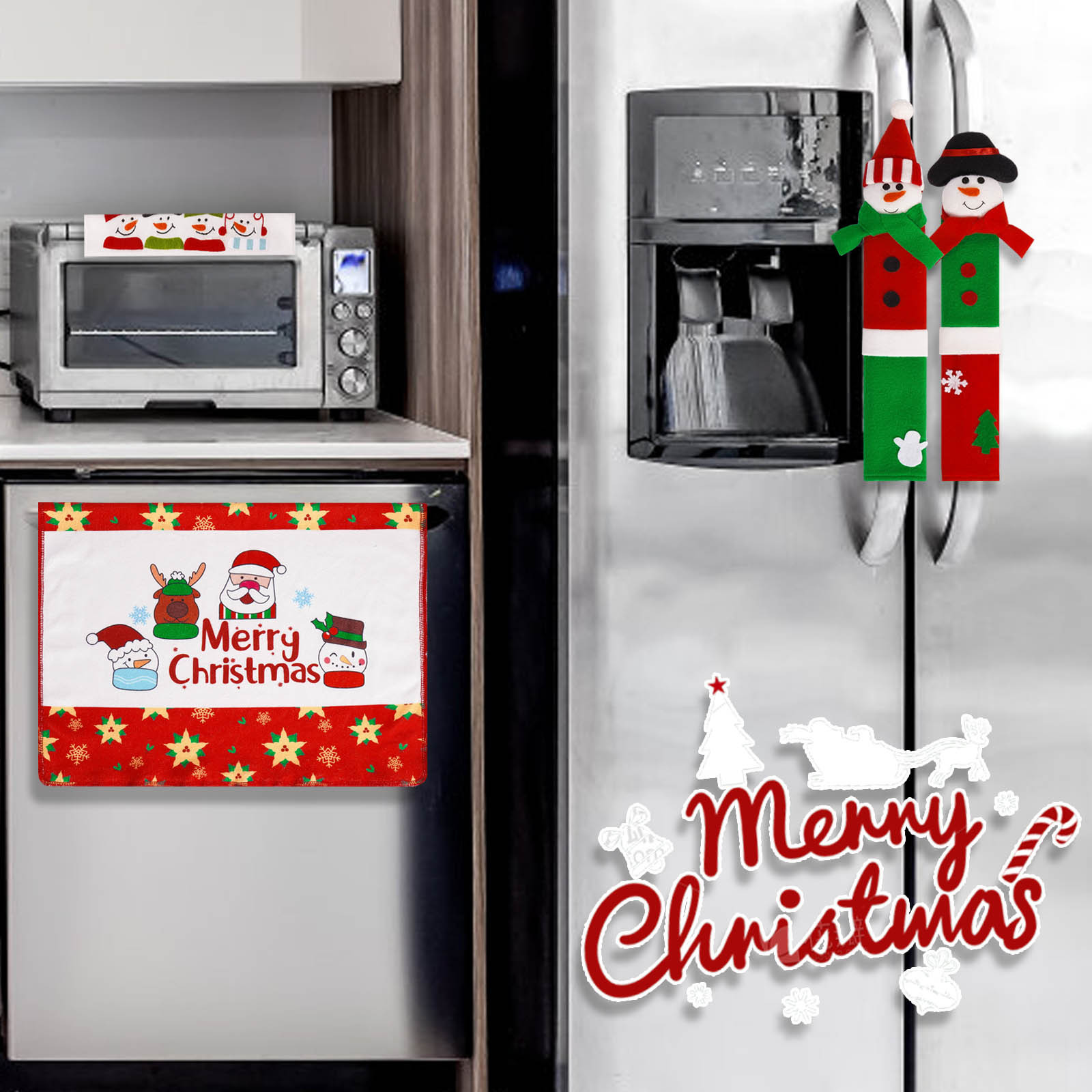 Navidad transfronteriza mango de refrigerador de cuatro piezas conjunto de guantes de microondas cocina con guantes de mango de decoración de vacaciones