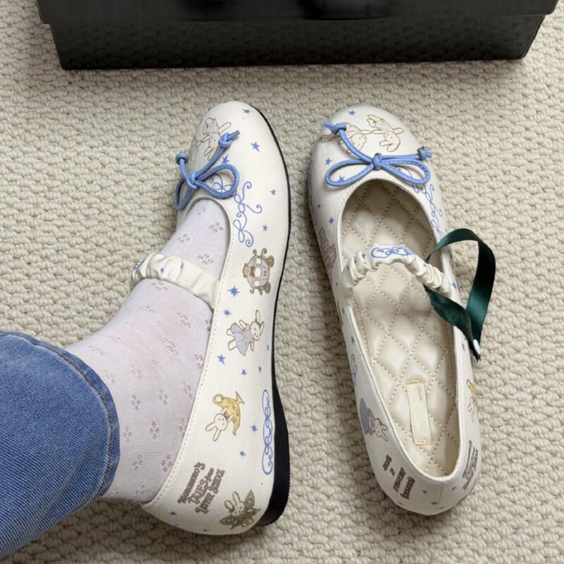 [in Stock] Cute Little Rabbit Style Round-Toe Bowknot Mary Jane Flat Shoes for Women Slip-On Ballet Flats