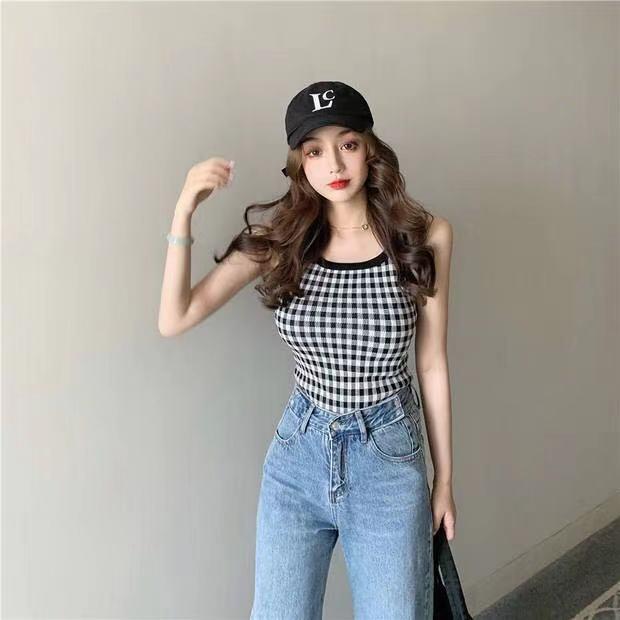 Contrast Houndstooth Knit Hanging Neck Camisole Female Summer Design Sense Slim Off Shoulder Sweet Hot Top Female