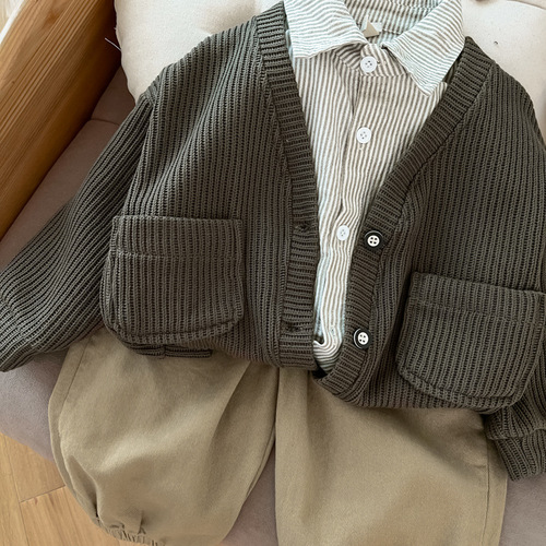 Boys suit 2024 spring new style knitted jacket Korean style shirt and trousers three-piece set for children and middle-aged children dropshipping
