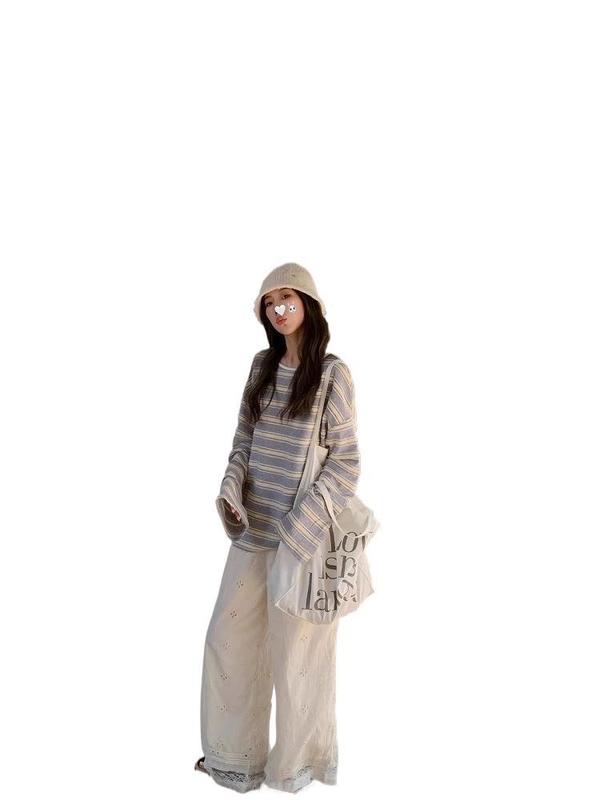 美式复古条纹罩衫松弛感t恤女2025夏季新款慵懒撞色防晒长袖上衣|undefined