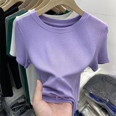 高級な氷の糸の新型のマスクの半袖のtシャツの女性の純色の百合のタイトなねじの底のシャツのtシャツの上着