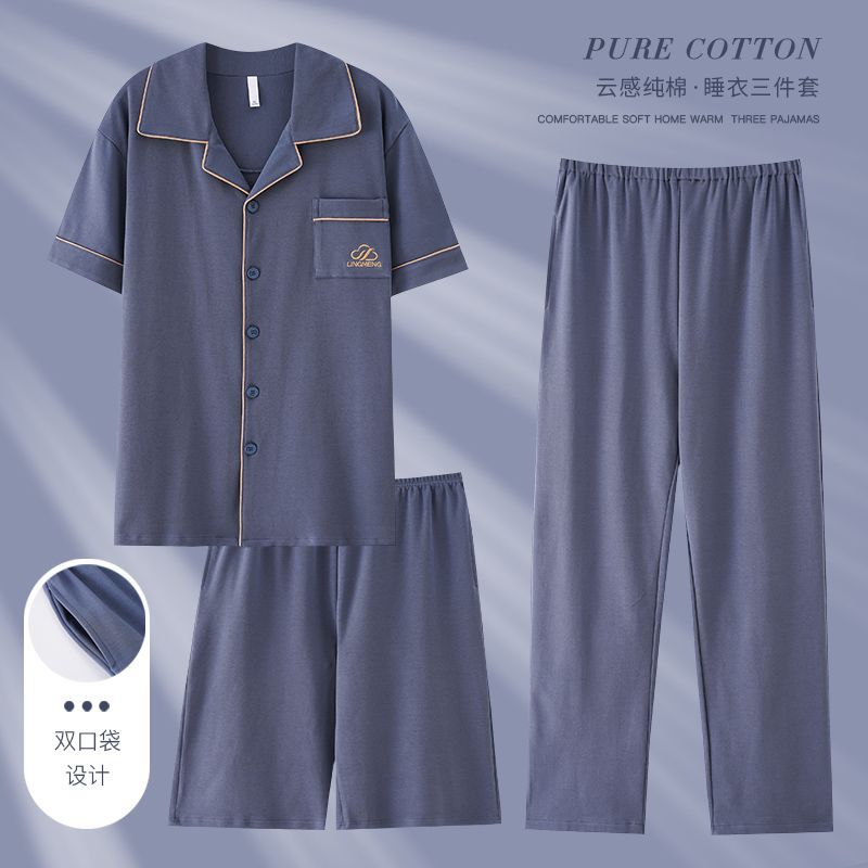 Pijamas de algodón para hombre de tres piezas pantalones cortos de rebeca de manga corta de verano pantalones ropa a domicilio de talla grande