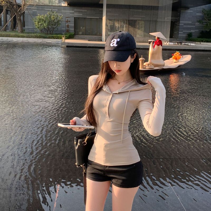 简约美式辣妹修身显身材 半开扣连帽卫衣收腰内搭长袖上衣女黑色|undefined