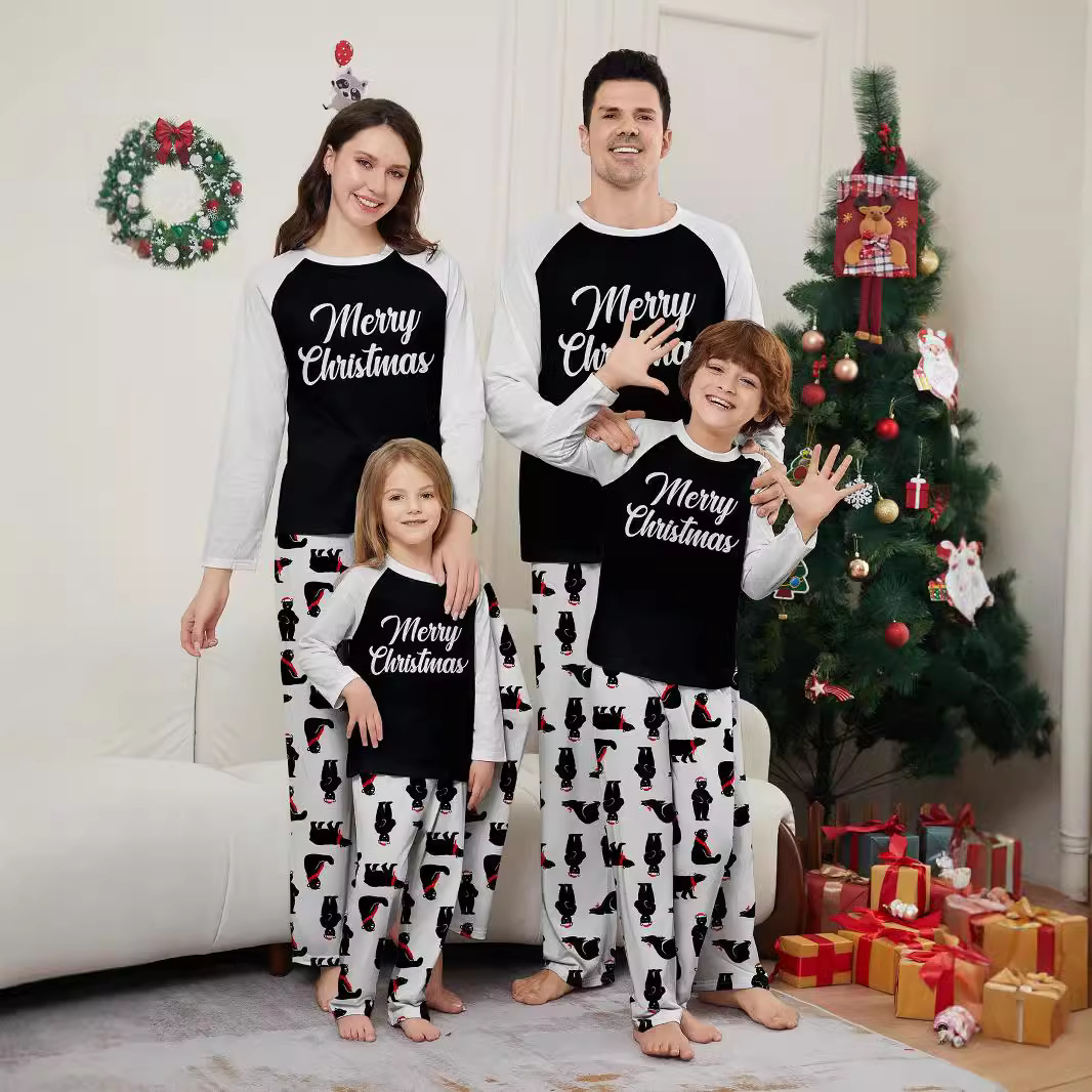 Christmas Bear alphabet Christmas family suit printed home dress pajamas_viptrois.com