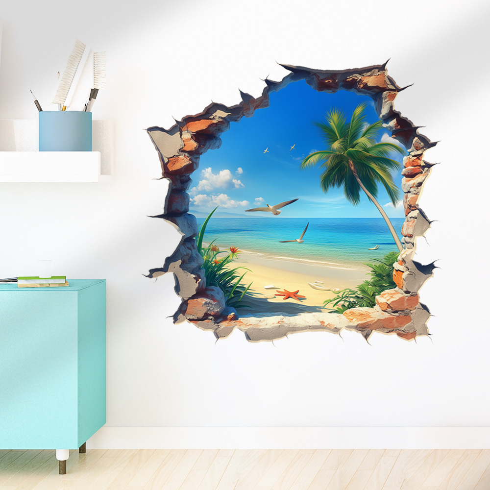 New 3D Wall With Hole Design, Hawaiian Seagull Scenery, Home Background Decoration Sticker_voghion.com