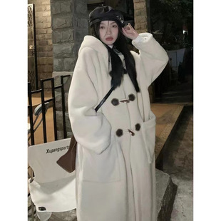 Mid-Length Toggle Button Lamb Wool Coat for Women, Lamb Fleece Preppy Style Warm Hooded Coat for Autumn and Winter 2025