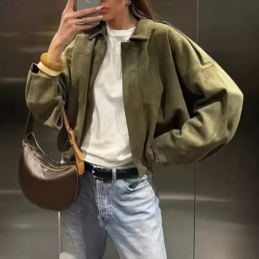 跨境女装2025春秋款欧美个性时尚绒面质感飞行员夹克外套休闲上衣