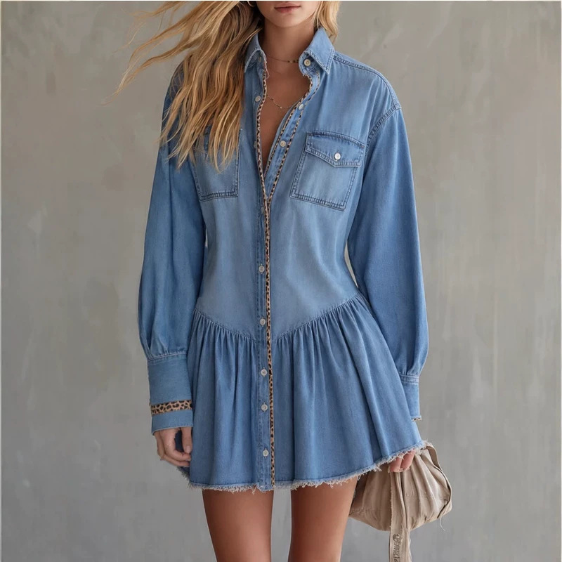 European and American cross-border independent website retro American style leopard print hemmed denim dress