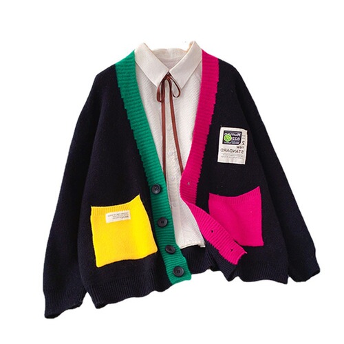 Early Autumn Plus Size Women's Color Block Knit Pocket Fashion Cardigan Loose Slimming Sweatshirt Outerwear