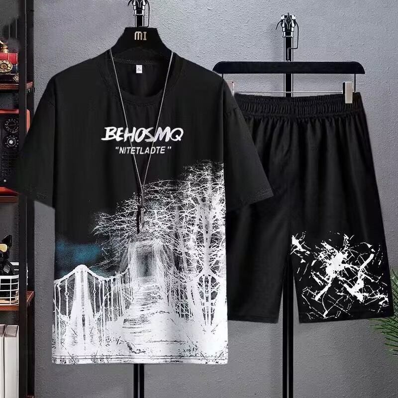 2026 verano nuevo juego de pantalones cortos de mangas cortas deportivas para hombres de tamaño grande casual suelto versátil mangas cortas al por mayor comercio exterior