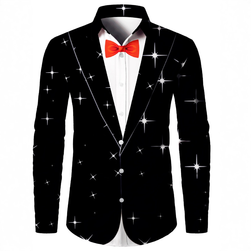 Stretch Bamboo Christmas Theme Men's Imitation Suit Tuxedo 3D Printed Christmas Pattern Long Sleeve Shirt Fashion Male