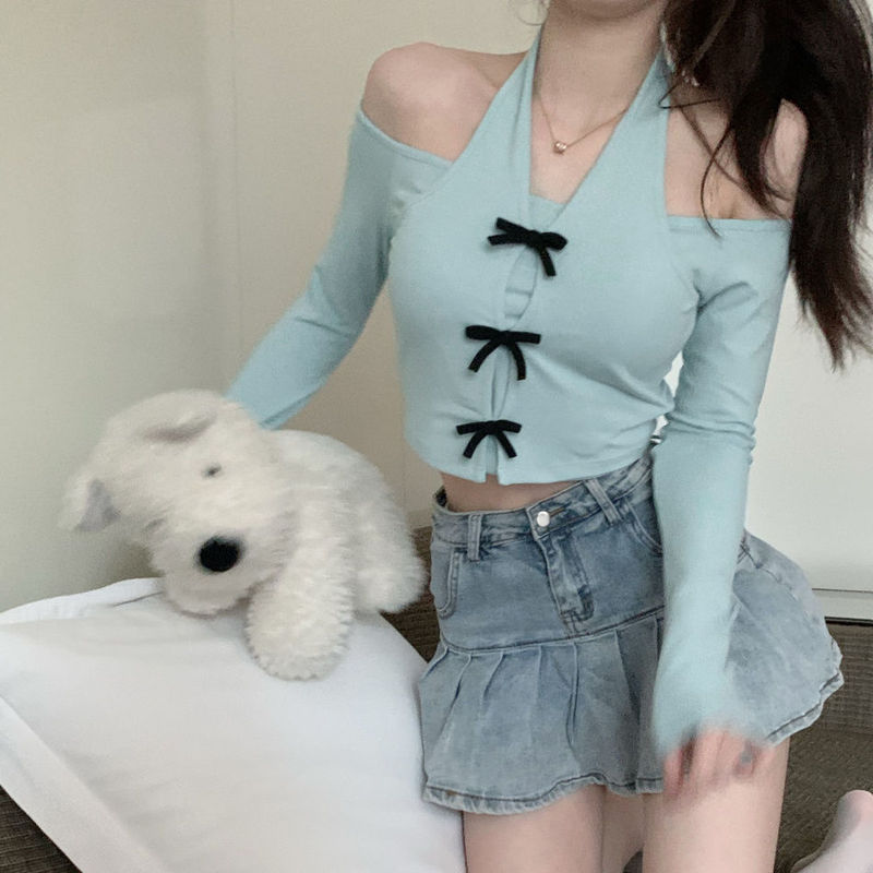 纯欲风挂脖甜美一字肩上衣女短款秋季露肩洋气小众ins修身长袖T恤|undefined