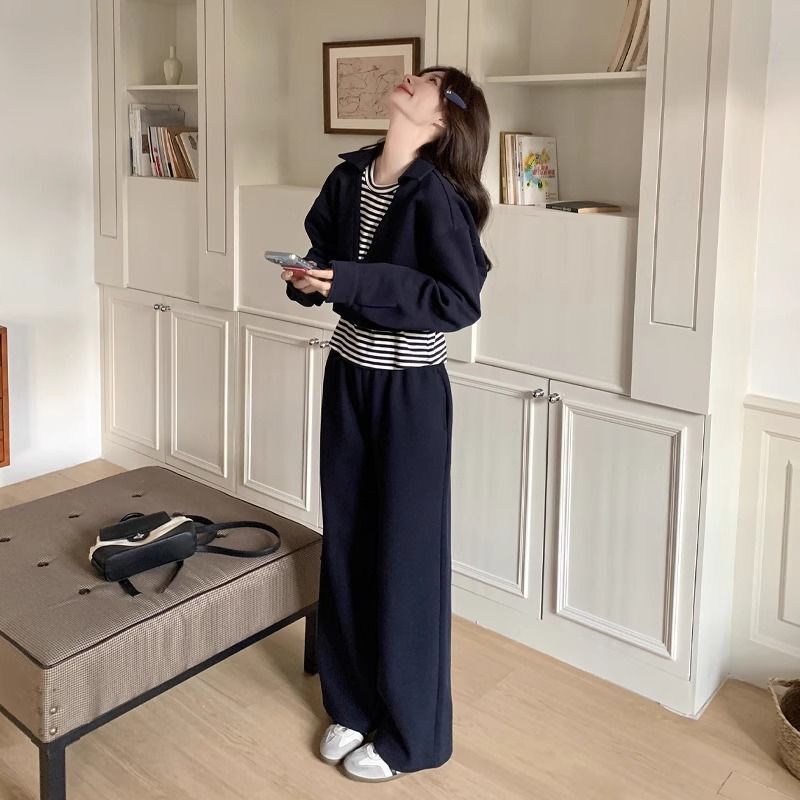 韩系藏青色时尚条纹休闲卫衣2025秋季新款高级阔腿裤遮肉两件套装|undefined