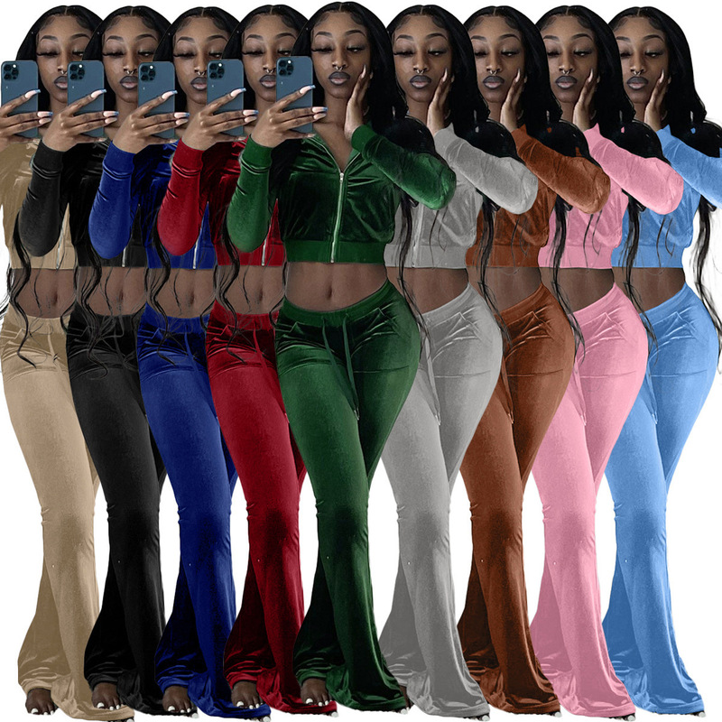 European and American suit Amazon women's solid color long sleeve sexy naked cardigan flared pants casual sports suit wholesale European and American suit Amazon women's solid color long sleeve sexy naked cardigan flared pants casual sports suit wholesale