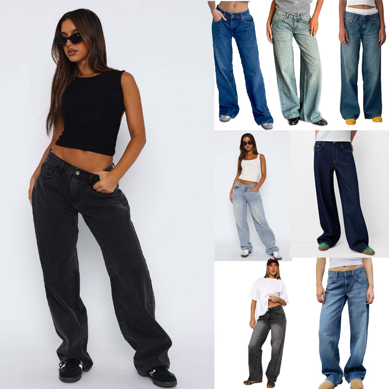 Cross-border TEMU foreign trade Europe and the United States hot girl all-match simple waist non-elastic straight tube Denim trousers ladies