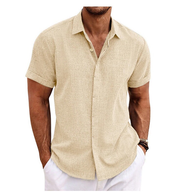 2026 New Cross-Border Model Summer European and American Men's Linen Shirt Youth Solid Color Cotton-Linen Short-Sleeve Turn-Down Collar Shirt