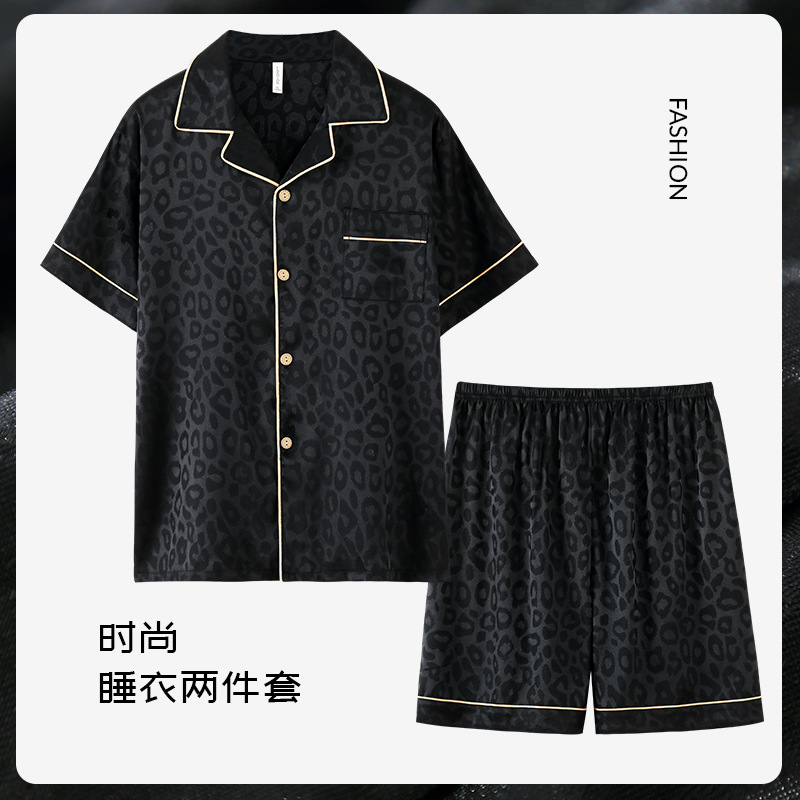 2024 Nuevos pijamas con estampado de leopardo de los hombres de manga corta de seda de hielo de verano Juvenil de alta calidad de seda para el hogar traje de tres piezas