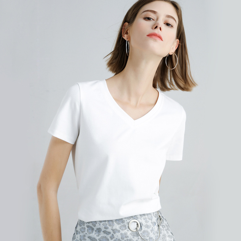 Skin-friendly 80 cool double mercerized cotton slim-fit solid color simple T-shirt female 1688 slimming short sleeve white T V-neck T Skin-friendly 80 cool double mercerized cotton slim-fit solid color simple T-shirt female 1688 slimming short sleeve white T V-neck T