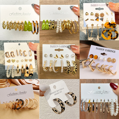 Cross-border new retro C-shaped earring set 6 pairs of creative personality oil-dropping leopard print earrings love butterfly earrings