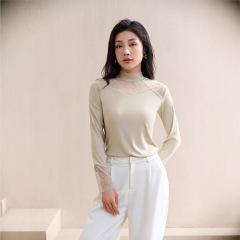 2025秋冬新款半高领蕾丝螺纹打底衫长袖网纱t恤女装内搭上衣爆款