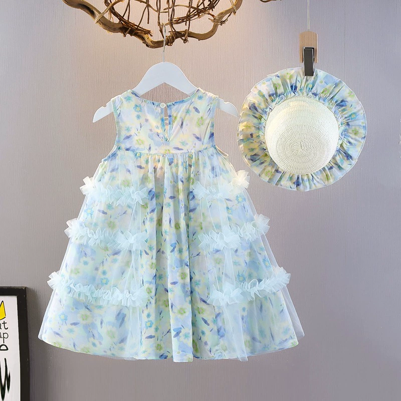 Summer dress with sleeves sleevless, children's thin sleevless dress, small princess costume, skirt, floral print