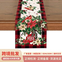 跨境圣诞布艺桌旗植物花卉小鸟图案家用长条桌垫节日桌面布置巾