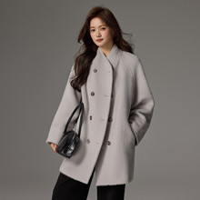 立领双面苏力羊驼双排扣带兜休闲气质宽松纯色中长款高端时尚大衣