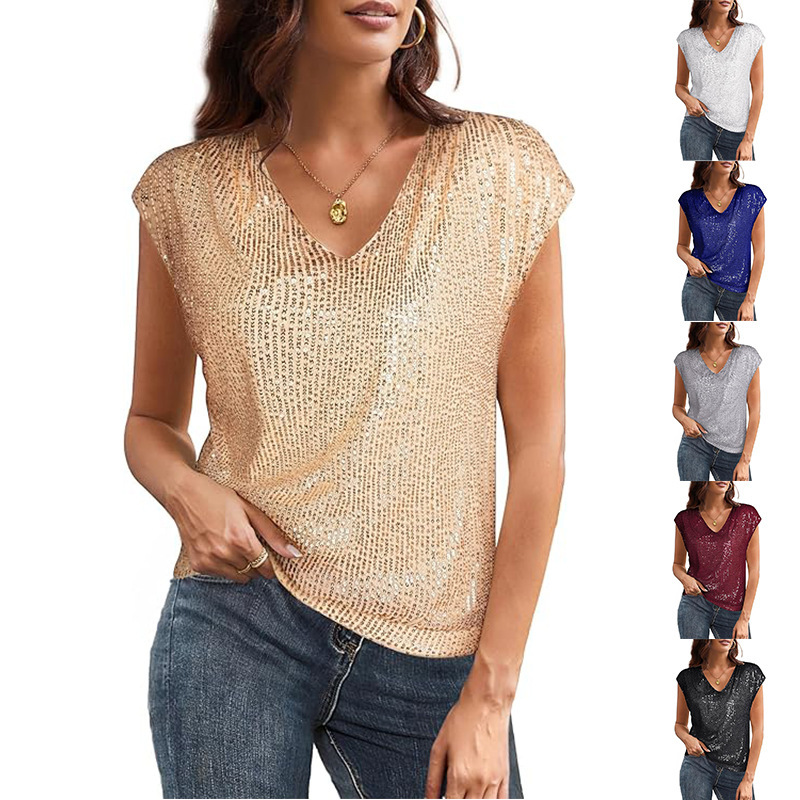 Amazon 2026 European and American Export Cross-Border Independent Station V Neck Sequined Short-Sleeved Women's Shiny Vest Party Shirt