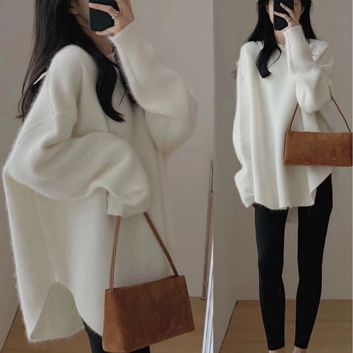 Loose red sweater sweater 2023 new casual autumn and winter top with irregular hem to cover the flesh, look thin and keep warm
