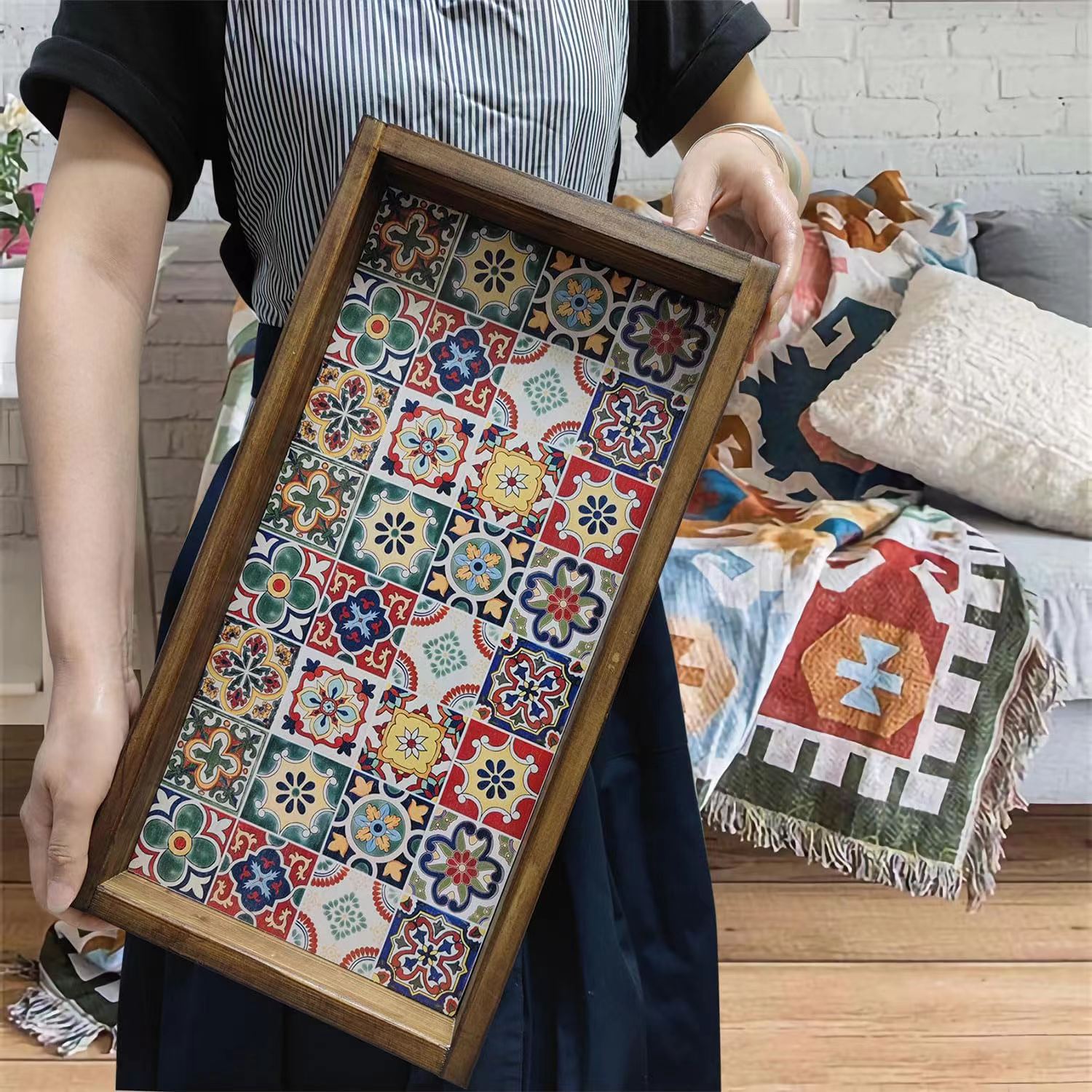 Bohemia Mediterráneo europeo retro madera maciza bandeja de té bandeja de madera caja decorativa de almacenamiento café zen exquisito