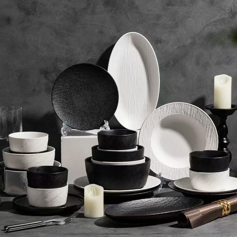 Black and White Luxury Ceramic Bowl and Plate Set for Home Use, Matte Ceramic Rice Bowl, Noodle Bowl, Soup Bowl, Steak Plate, Fruit Plate, Shallow Plate