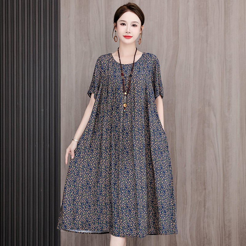 New Style Middle-aged Western Style Mother Cotton Silk dress Women's Summer Large Swing Artificial Cotton Long Skirt Mother-in-law Summer Dress 50 Years Old New Style Middle-aged Western Style Mother Cotton Silk dress Women's Summer Large Swing Artificial Cotton Long Skirt Mother-in-law Summer Dress 50 Years Old