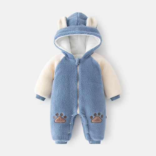 Baby Cotton Fleece Lined Pajamas for Autumn/Winter Outings, Thick Climbing Suit for Toddlers, Cute Outerwear Cotton Hoddie