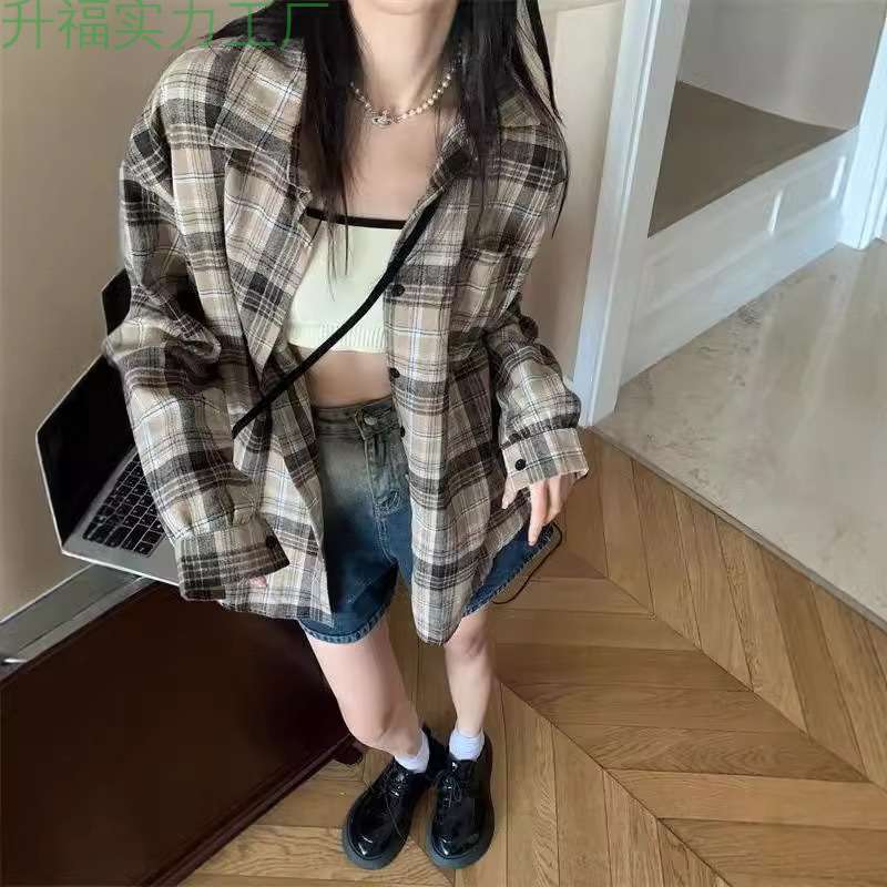 ピンクチェック柄日焼け止めシャツジャケット女性のための夏 2025 新しいルーズアメリカントップデザインレトロシャツ|undefined