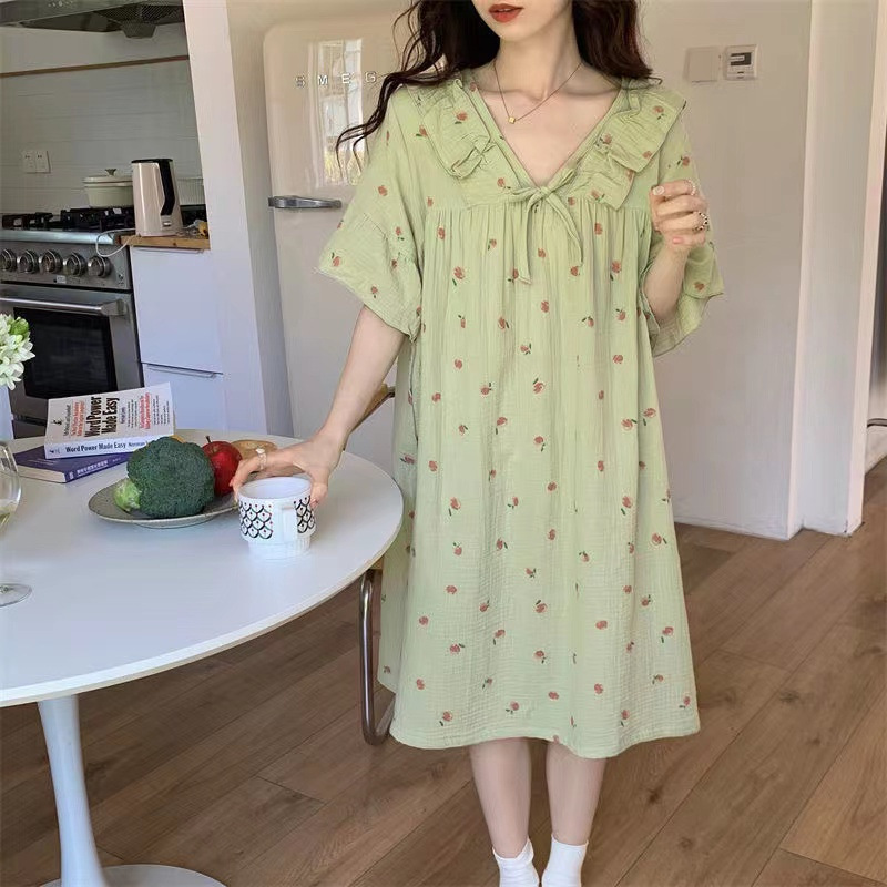 Pijamas de verano de las mujeres de la burbuja de algodón de manga corta camisón cardigan estudiante arruga dulce lindo ins estilo ropa para el hogar Generación de pelo