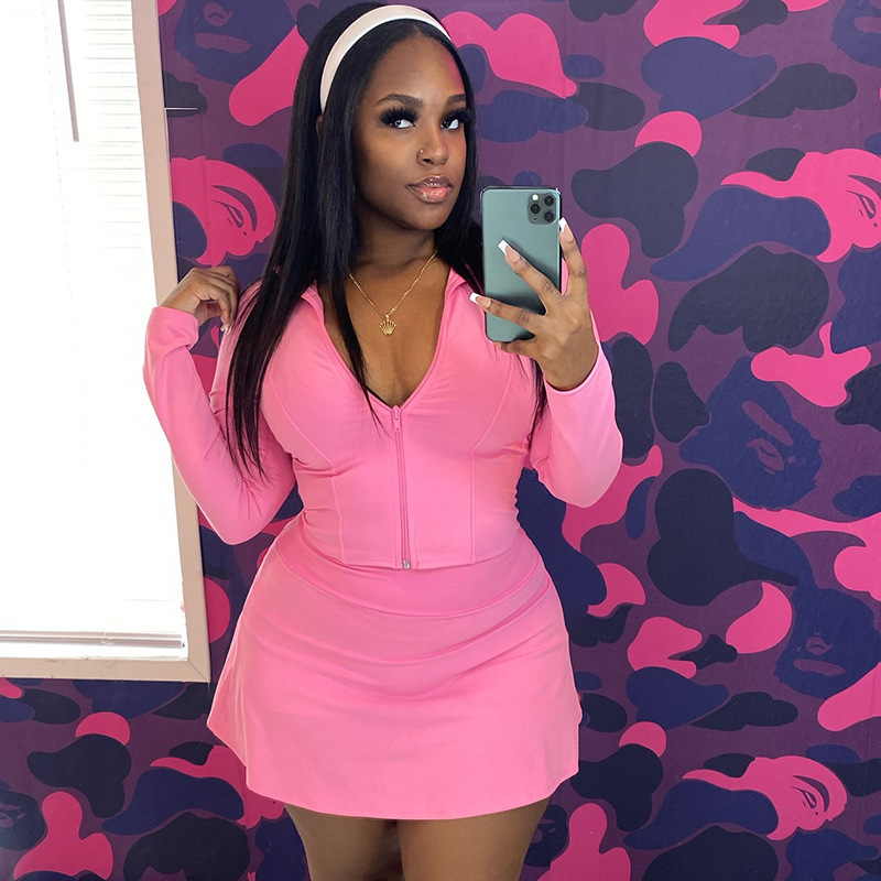 D25ST234跨境新款女装立领长袖修身拉链开衫上衣短款裤裙两件套装